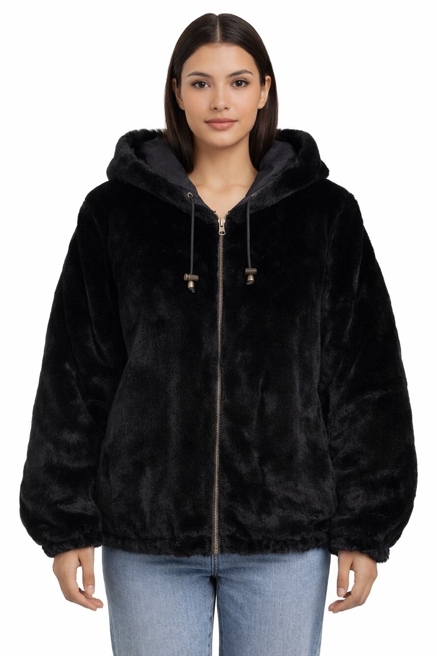 1990s Komitor Reversible Silk Faux Fur Hooded Coat Medium
